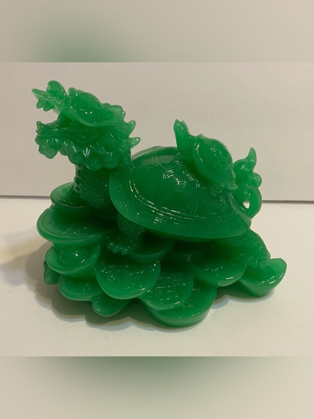 JADE Feng Shui Dragon Turtle Tortoise Statue Figurine Coin Money Wealth ,4.5”H
